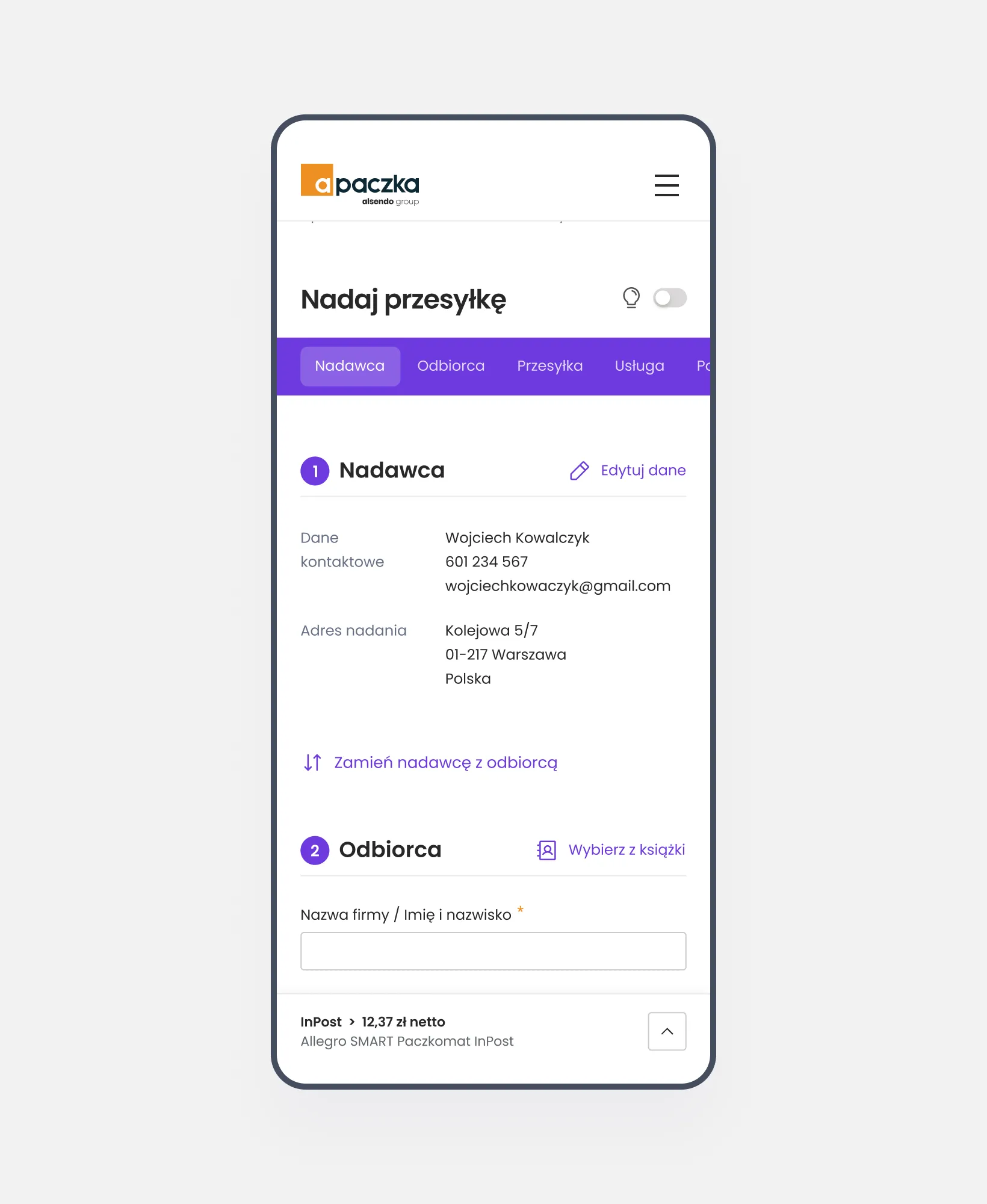 Apaczka – Order Form